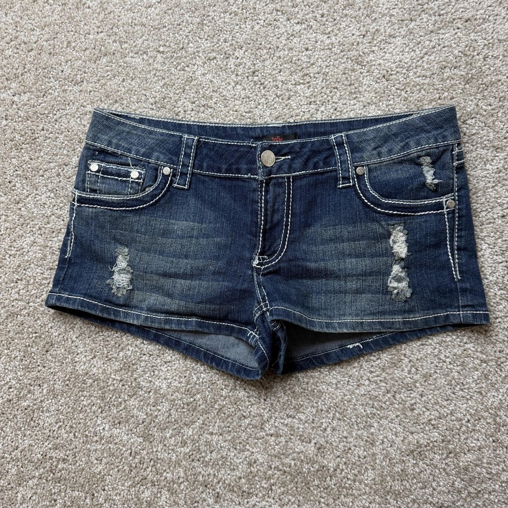 1955 Vintage Hot Pants Shorts Womens 11 Blue Denim Distressed Low Rise Casual - Picture 1 of 8